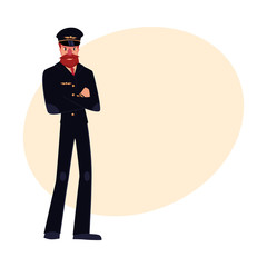 Full length portrait of serious civil airline pilot with beard and whiskers wearing black uniform, cartoon vector illustration on background with place for text. Hipster pilot wearing black uniform