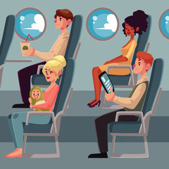 Set of airplane passenger in economy class - businessman, mother and baby, Caucasian man and African woman, cartoon vector illustration on white background. Passengers in airplane seats, economy class