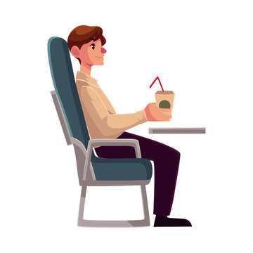 Young man seating in airplane, economy class, holding a drink, cartoon vector illustration on white background. Man seating in economy class, airplane passenger, holding a paper cup of coffee, drink