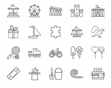 Children's games and entertainment, icons, gray, linear, vector. Vector icons of items and objects for children. Children's rest. Linear gray image on a white background. 