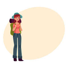 Young pretty girl travelling, hitch hiking with backpack, cartoon on background with place for text. Woman, girl, backpacker, hitchhiker with a backpack and sleeping bag, arriving or departing