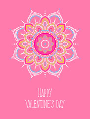 Valentine greeting card with colorful mandala on pink background, illustration