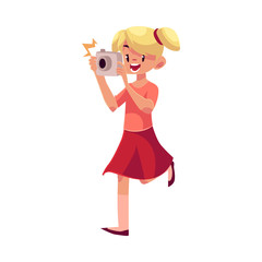 Little blond girl with ponytails running with camera and making photos, cartoon illustration isolated on white background. Full length portrait of little, teenage girl shooting with photo camera