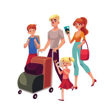 Family of four in the airport, father pushing cart with luggage, mother holding tickets, little girl making photos, cartoon illustration isolated on white background. Family travelling with luggage