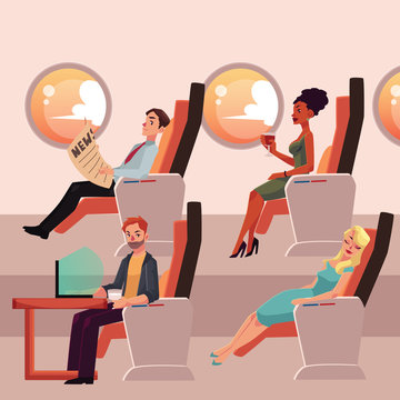 Set of airplane passengers in business class - reading, drinking, working and sleeping, cartoon vector illustration on white background. Male and female passengers in airplane seats, business class