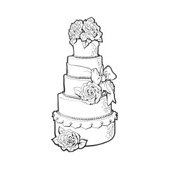 Traditional white tiered wedding cake decorated with marzipan roses, sketch style illustration isolated on white background. Layered wedding cake with five tiers, white icing and roses