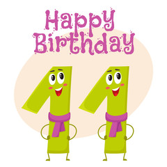 Happy birthday vector greeting card, poster, banner design with cute and funny eleven number characters. eleven smiling characters, happy birthday greeting card template