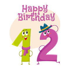Happy birthday vector greeting card, poster, banner design with cute and funny twelve number characters. twelve smiling characters, happy birthday greeting card template
