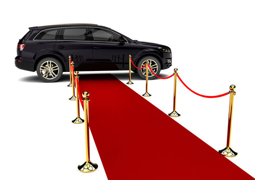 Red Carpet SUV / 3D render image representing an luxury SUV at the end of a red carpet 