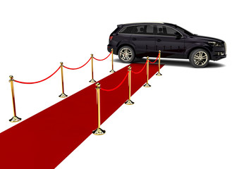 Red Carpet SUV / 3D render image representing an luxury SUV at the end of a red carpet 