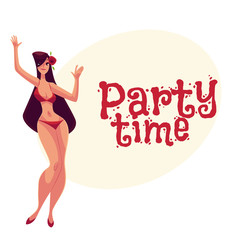 Young curvy woman, long black hair in red bikini dancing, cartoon style invitation, greeting card design. Party invitation, advertisement, Young and beautiful block haired girl dancing in bikini
