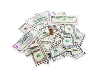 a column of coins on banknotes 