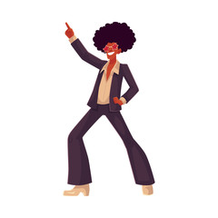 Man in afro wig and 1970s style clothes dancing disco, cartoon style vector illustration isolated on white background. Young man in star sunglasses and afro wig dancing at retro disco party