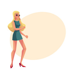 Young woman with long blond hair in short 1960s style dress dancing disco, cartoon style vector illustration on background with place for text. Girl, woman in sunglasses with long blond hair