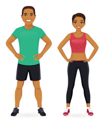 Young man and woman in sports outfits isolated