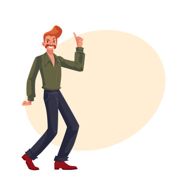 Red haired man in 1970s style clothes with beehive hair style dancing disco, cartoon vector illustration on background with place for text. Young man with beehive red hair dancing at retro disco party