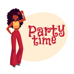 Young woman with long afro curly hair in 1960s style trousers dancing disco,cartoon style invitation, greeting card design. Party invitation, advertisement, Girl, woman in retro style trousers