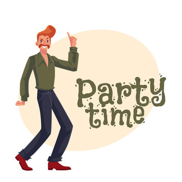 Red haired man in 1970s style clothes with beehive hair style dancing disco, cartoon style invitation, greeting card design. Party invitation, advertisement, Young man with beehive red hair dancing