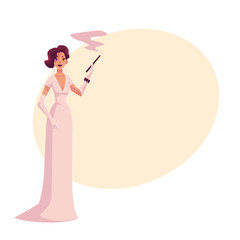 Woman in 1920s evening dress and gloves with a cigarette holder, cartoon vector illustration on background with place for text. Beautiful blond woman in evening gown at a vintage party