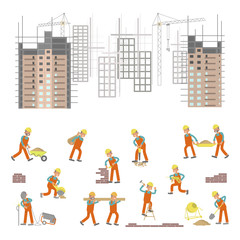 Naklejka premium Illustration for construction site with cranes and skyscraper. Character workers, laborers in different pouses in flat design. Isolated on white background. Vector eps10