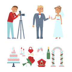 Set of wedding couple, photographer characters and icons for infographic. Cartoon style. Vector illustration isolated