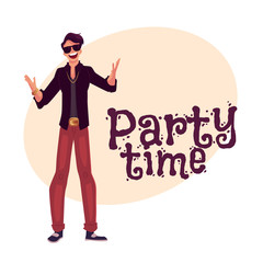Young stylish clubber man wearing sunglasses and golden chain at a party, drinking cocktails, having fun, cartoon style invitation, greeting card design. Party invitation, advertisement, Man