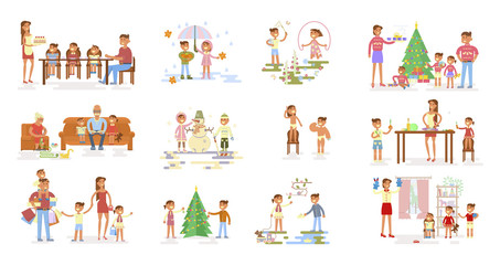 Set of big Family portrait. Parents and grandparents with son, daughter and baby.  Child plays outside. Mom and dad with kids have a dine. And others. Vector flat illustration.