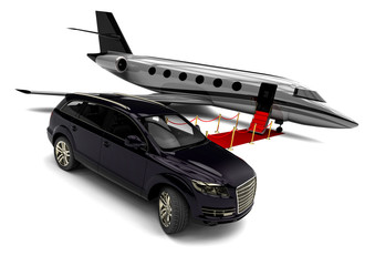 Luxury SUV with private Jet plane an red carpet  / 3D render image representing an luxury SUV with a plane and a red carpet