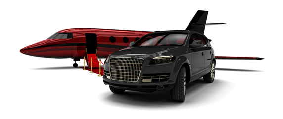 Luxury SUV with private Jet plane an red carpet  / 3D render image representing an luxury SUV with a plane and a red carpet