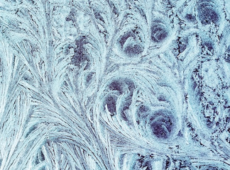 background from frosty pattern on glass in the form of furry twigs and feathers