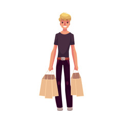 Smiling young man standing with shopping bags, cartoon vector illustration isolated on white background. Full length portrait of young man holding shopping bags, consumerism concept