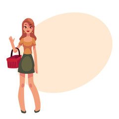 Young beautiful woman with a shopping basket, cartoon vector illustration on background with place for text. Full length portrait of young pretty girl, woman holding a red shopping basket