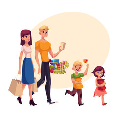 Family of father, mother, daughter and son shopping together, cartoon vector illustration isolated on white background. Family buying food, shopping, carrying bags and basket with grocery products