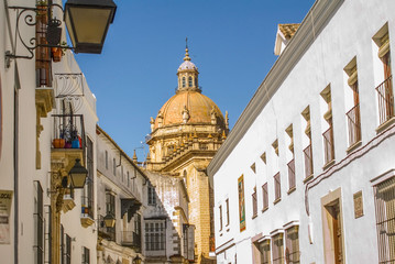 old street in the ancient town of Spain with views of the Cathedral