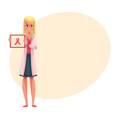 Oncologist doctor standing and holding a poster with pink ribbon, breast cancer awareness symbol, cartoon vector on background with place for text. Female oncologist with pink ribbon on poster