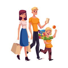 Family of father, mother and son shopping together, cartoon vector illustration isolated on white background. Family buying food, shopping, carrying bags and basket with grocery products