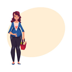 Full length portrait of young pregnant woman with shopping basket, cartoon vector illustration on background with place for text. Beautiful pregnant woman holding shopping basket with food, front view