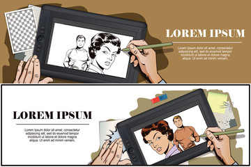 Girl offended on guy. Hand paints picture.