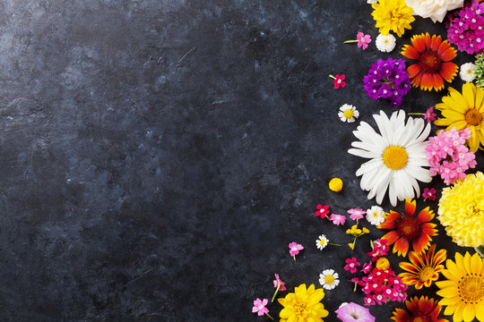 Fototapeta Garden flowers over stone table background