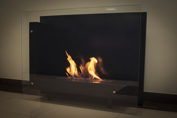 Burning eco fireplace. Romantic interior.