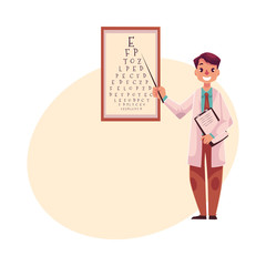 Optometrist doctor standing and pointing to a letter on eye examination chart, cartoon vector on background with place for text. Male optometrist, eye desease specialist