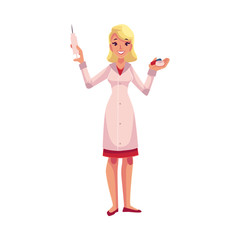 Smiling female anesthetist doctor holding syringe in one hand and pills in the other, cartoon vector illustration isolated on white background. Female anesthesiologist, healthcare professional