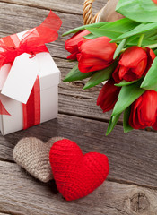 Red tulips, Valentines day hearts and gift box