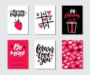 Naklejka premium Valentines day gift card vector set. Hand drawn printable templates with lettering, texture, love quotes.