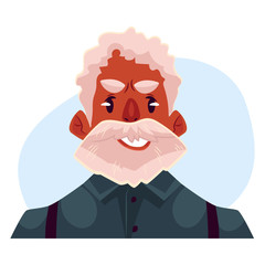 Grey haired old african man face, upset, confused facial expression, cartoon vector illustrations isolated on blue background. Old black man feeling upset, concerned, confused frustrated.
