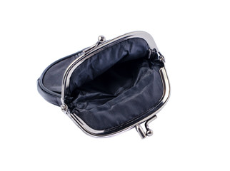 Naklejka premium Open empty black purse on white background.