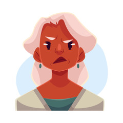 Grey haired old african lady , angry facial expression, cartoon vector illustrations isolated on blue background. Old black woman, feeling distressed, frustrated, sullen, upset. Angry face expression