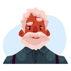 Grey haired old african man face, angry facial expression, cartoon vector on blue background. Old black man, grandfather feeling distressed, frustrated, sullen, upset. Angry face expression