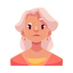 Grey haired old lady, angry facial expression, cartoon vector illustrations isolated on white background. Old woman frowns, feeling distressed, frustrated, sullen, upset. Angry face expression