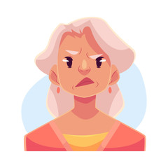 Grey haired old lady , angry facial expression, cartoon vector illustrations isolated on blue background. Old woman frowns, feeling distressed, frustrated, sullen, upset. Angry face expression